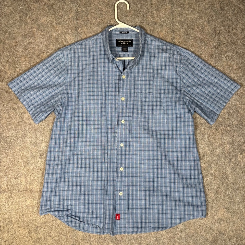 Abercrombie & Fitch Button Down Shirt Mens XL Blue Plaid Muscle Fit Short Sleeve